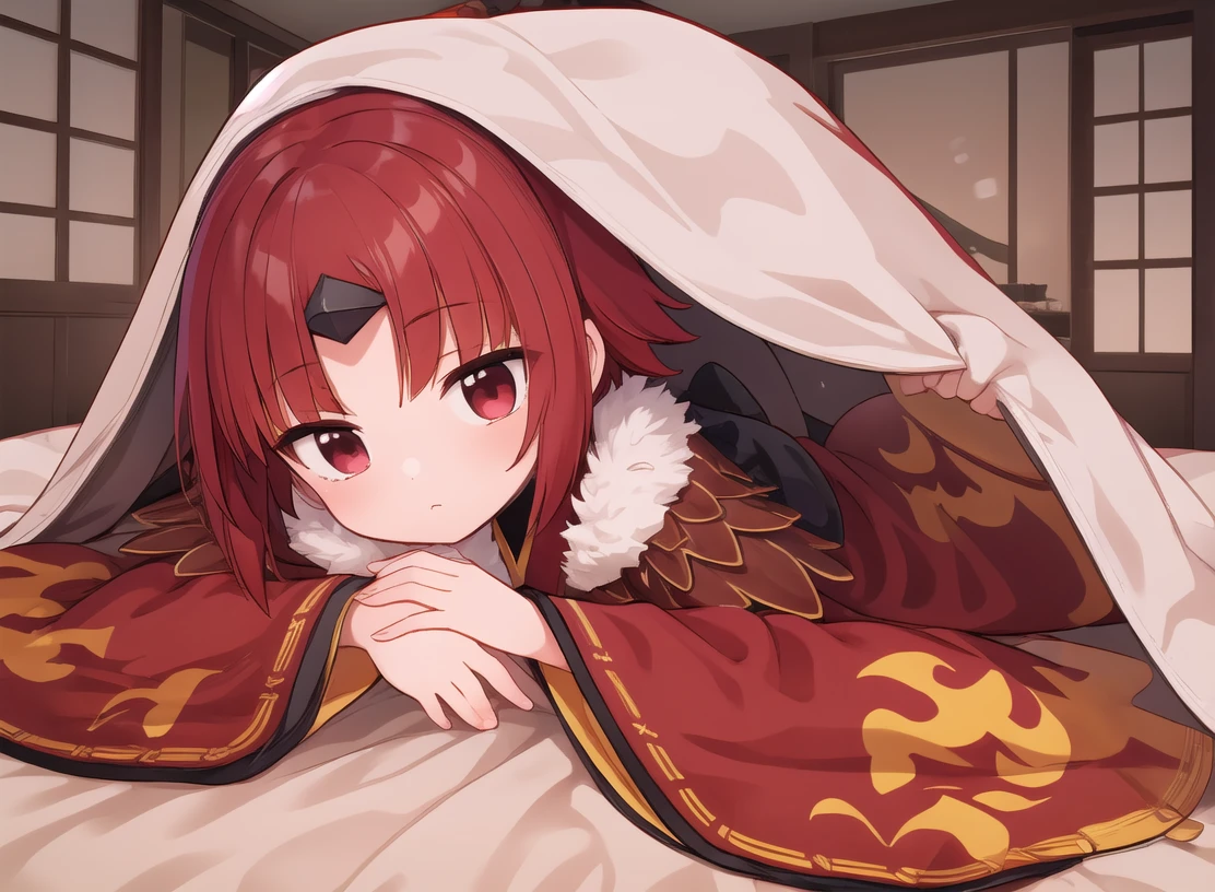 masterpiece,best quality,1girl,Me_enma,short hair,bangs,parted bangs,red hair,wide sleeves,long sleeves,japanese clothes,sleeves past wrists,Lying face down:1.3,Perfect Legs,Ryokan room,Lying in bed,invited,体