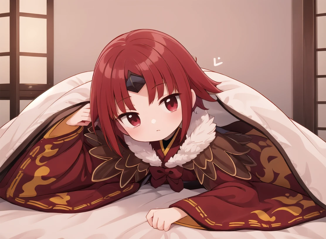 masterpiece,best quality,1girl,Me_enma,short hair,bangs,parted bangs,red hair,wide sleeves,long sleeves,japanese clothes,sleeves past wrists,Lying face down:1.3,Perfect Legs,Ryokan room,Lying in bed,invited,体