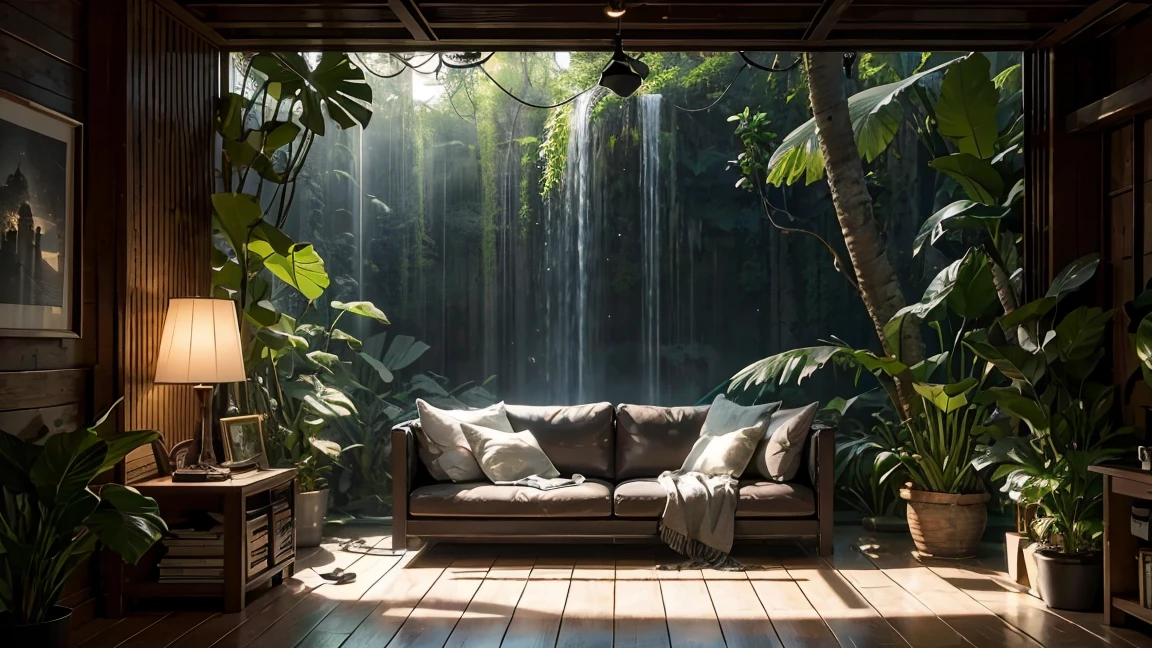 Acoustic guitar, houseplants, black-and-white photos written on the wall, a close up of a wooden studio with a couch and a lamp, relaxing environment, jungle setting, magical environment, relaxing concept art, unreal engine ; romantic theme, beautiful and aesthetic, unreal engine 5 lighting, in a jungle environment, beautiful and cinematic lighting, hyper-realistic environment, unreal engine 5 environment, unreal engine 5 highly rendered, soothing and cozy landscape