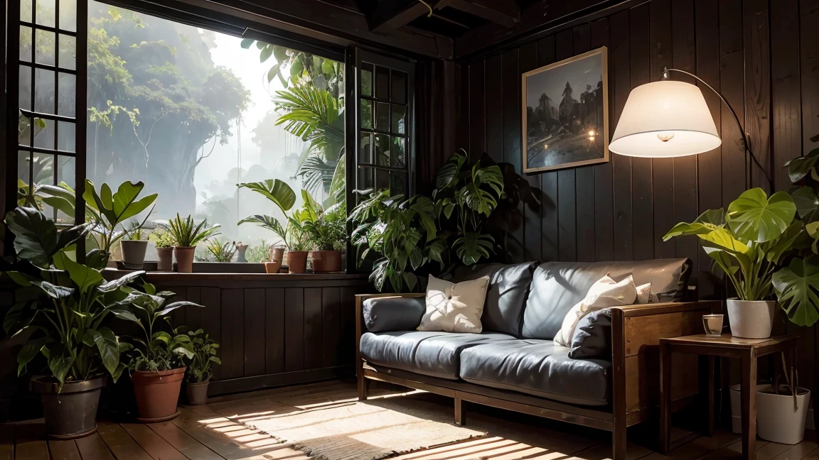 Acoustic guitar, houseplants, black-and-white photos written on the wall, a close up of a wooden studio with a couch and a lamp, relaxing environment, jungle setting, magical environment, relaxing concept art, unreal engine ; romantic theme, beautiful and aesthetic, unreal engine 5 lighting, in a jungle environment, beautiful and cinematic lighting, hyper-realistic environment, unreal engine 5 environment, unreal engine 5 highly rendered, soothing and cozy landscape