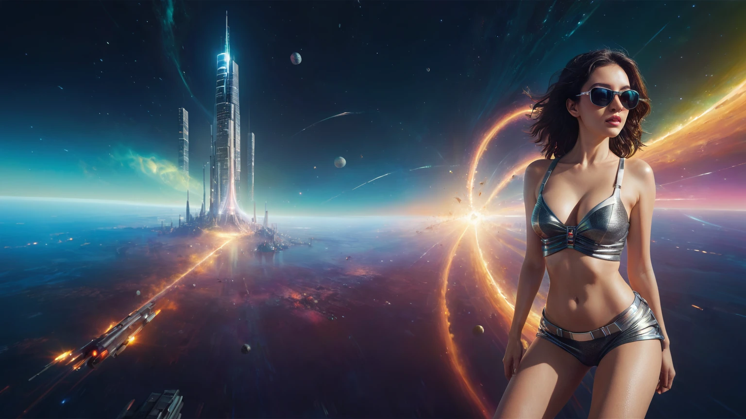 aerial view. brightly colored abstract image of a space station with a spiral, epic beautiful space scifi, chaotic cinematic space rift, greg beeple, planets colliding, beeple and tim hildebrandt, beeple and jean giraud, end of the universe, galaxy space sci-fi, ringworld, by Mike "Beeple" Winkelmann. Matrix style, (((((Matrix cascading code))))), (((((a futuristic twin tower skyscraper with a unique twisted design))))), (((((OLED GUI interfaces in the building))))), at night, (((((1girl, solo))))), photo realistic, (((large-breast:1.2 slim body, cleavage))), (((off broken mini sling-shirt and black sling bra, extreamly short pleated miniskirt exposing panty))), (((((running pose))))), (((((matrix style black sunglasses))))), ((((((((((aiming with a short gun)))))))))), (((((looking at camera))))), (((very low view))), (((((half-body thigh level medium shot))))), (((cinematic lighting))).