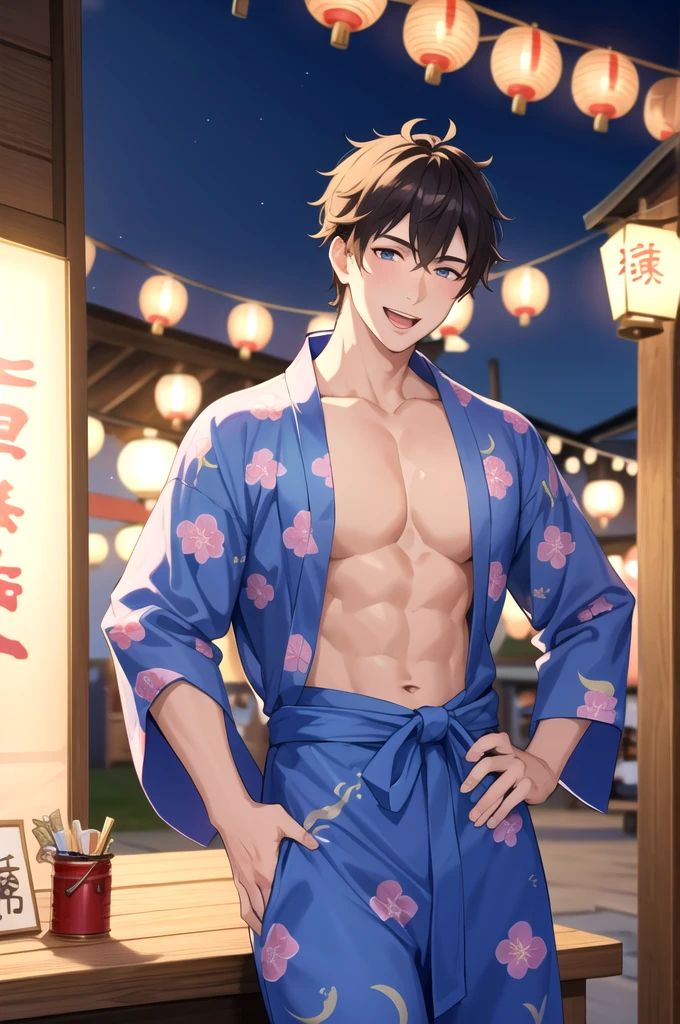 masterpiece, best quality, 1boy, solo, male focus, bishounen, hand on hip, pectoral cleavage, looking at viewer, smile, open mouth, summer festival, market stall, paper lantern, blue yukata, beautiful lighting, handsome, male, highly detailed