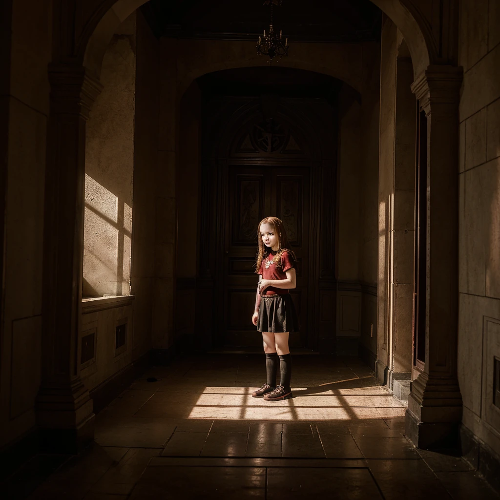 Full body view of an girl with pale skin and fiery red eyes in a satanic temple worshipping Father Satan