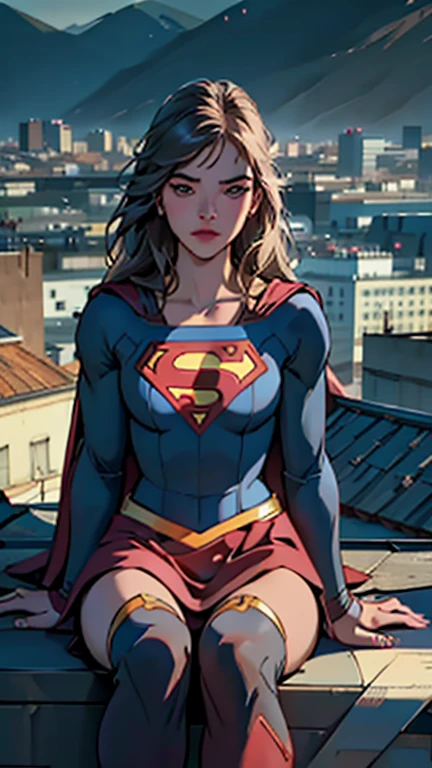 a supergirl sitting on a rooftop building, lost in deep thought, looking at the city, beautiful detailed eyes, beautiful detailed lips, extremely detailed face, long eyelashes, beautiful detailed costume, dynamic pose, cinematic lighting, epic cityscape, moody atmosphere, dramatic shadows, vibrant colors, photorealistic, 8k, best quality, hyper detailed, masterpiece