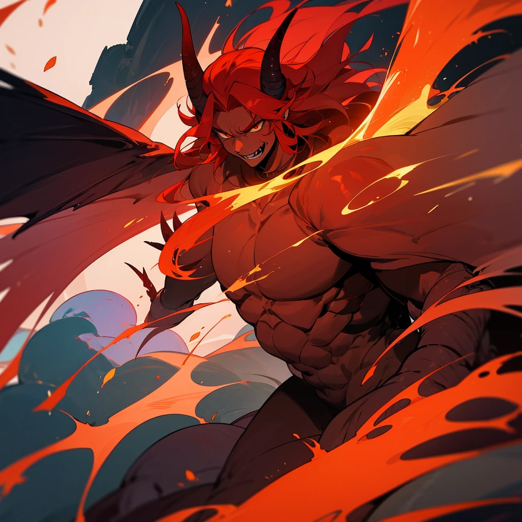 A fire demon male, wings of fire, huge horns, red skin with red hair on the body, its intimidating and hideous appearance makes an Ifrit a fire demon