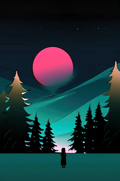 risograph, Hokusai, dark green, conifer forests, night, distant horizon minimalism