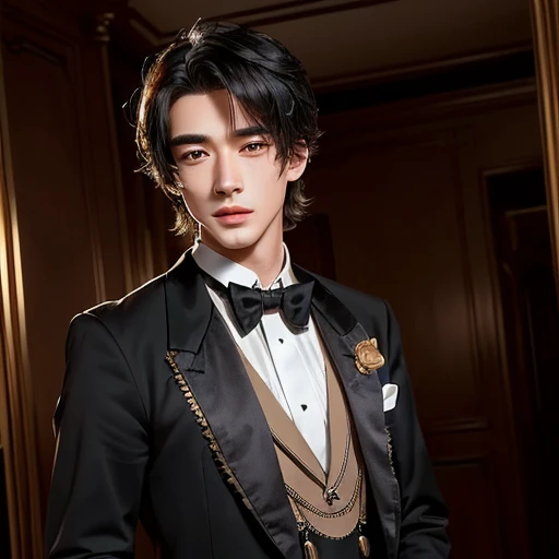 A suave and handsome young man in a tuxedo and bow tie standing in a room, extremely handsome, 王 一 博, Wang Yi Bo, steampunk, Victorian style, young man at a steampunk party