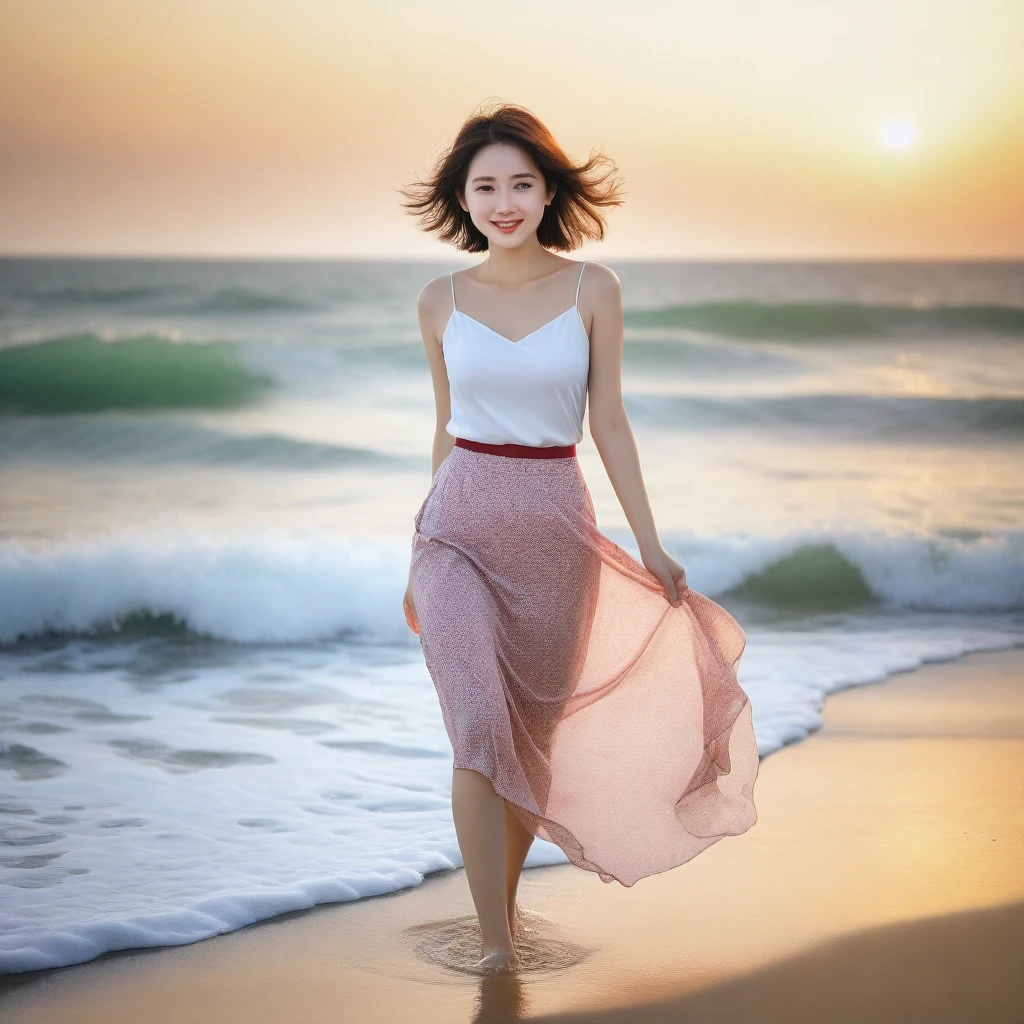 sunset red sun on the beach,A strong afterglow is reflected in the sea., Beautiful 36 year old short Korean woman, Chest size 34 inches, Wear sleeveless, light skirt. beautiful pretty woman look , wearing a light skirt , Go far into the sea water and dip your toes., Short medium hair blowing in the wind, 1 short woman, beautiful eyes, a little smile, Full body photo from a distance with a wide angle lens, The background is clear and perfect, waves driven by the wind, best high definition