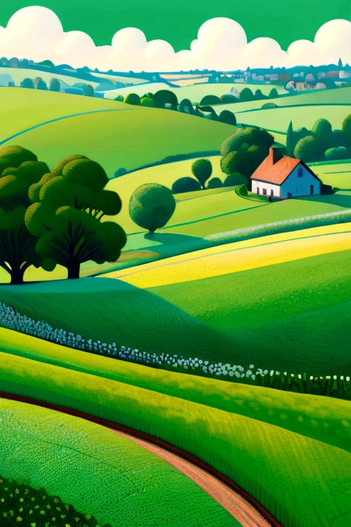 Green rolling fields, spring, flat illustration, sim ple minimal, cottagecore, pointillism oil paintin g, in the style of Georges Seurat