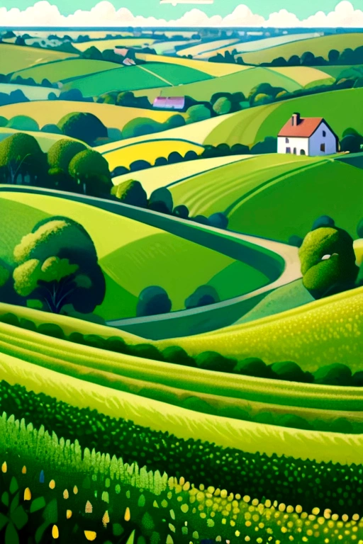 Green rolling fields, spring, flat illustration, sim ple minimal, cottagecore, pointillism oil paintin g, in the style of Georges Seurat