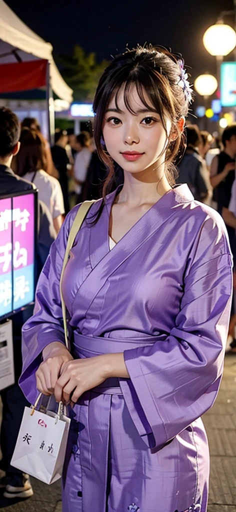 A woman wearing a purple yukata on a date at a summer festival