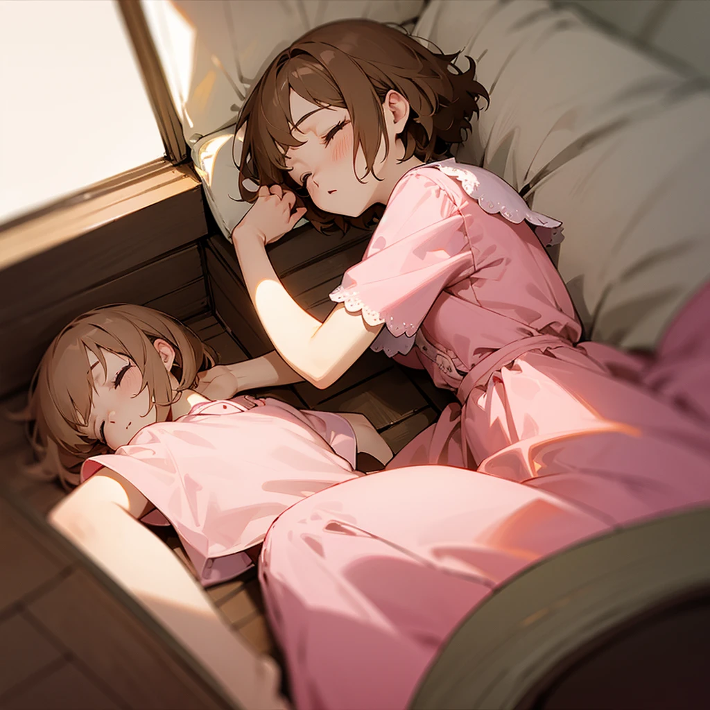 Eyes closed, sleeping, light brown short hair, pink dress