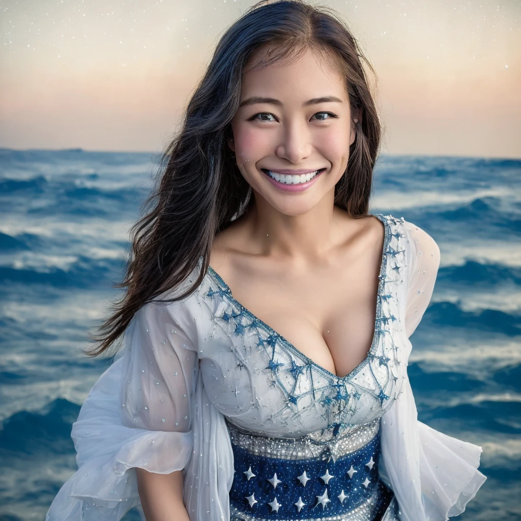 ((masterpiece,Highest quality, detailed)), Cowboy Shot, (One girl:1.2), alone, (Captivating smile:1.3), chest, Are standing, View your viewers, (Ocean:1.3),(Starry Sky:1.3) , Erotic