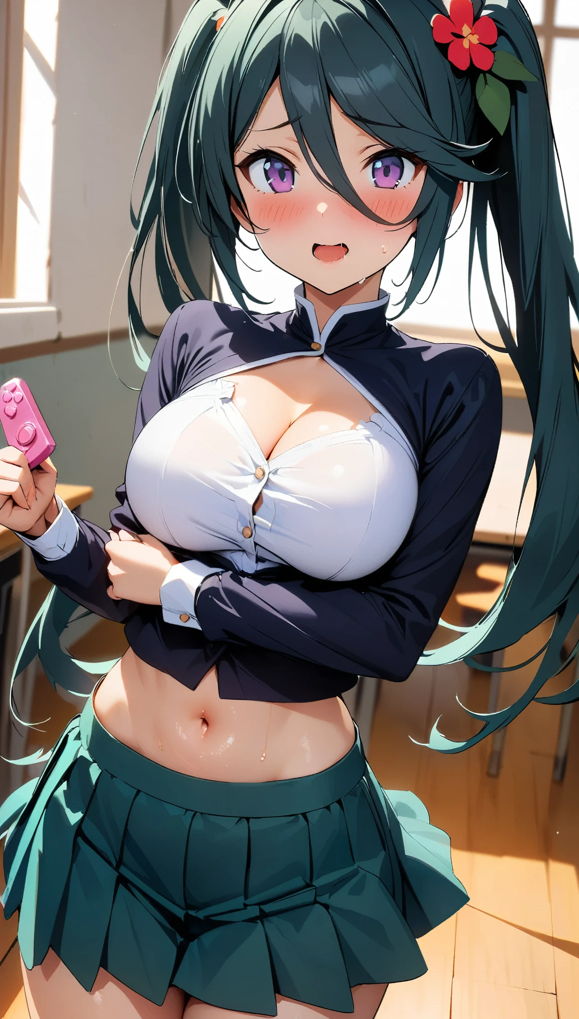 1girl, kamazuki suzuno, hataraku maou-sama!, (goblin slayer!), (throw_hand, pink vibrator remote switch in throw_hand, throw:1.2), Highest quality, Super detailed, masterpiece, Ultra-high resolution, 8K, Ridiculous, Cowboy Shooting, Blurred, Focus on the girl, Embarrassing, blush, Lovely, Open your mouth, What saliva leaves behind, Wet skirt hem, (Sticky panties:1.1), Bulging of the vibrator cord, Vibrator with Garters, (cleavage), Classroom Background, The skirt is accidentally exposed,(large breasts), (crop top navel), (waist line), Accidentally exposed panties