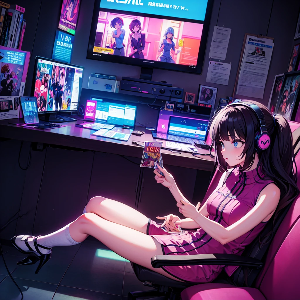 (masterpiece), Highest quality, Expressive eyes, Neon pastel aesthetics, Retro 90s, Neon color,((Girl sitting on sofa,In a cozy room,Records hanging on her wall, Comic books on the floor, Looking out the window behind her at the night city, Upholstered room, Anime figures lined up on a shelf)), Wearing headphones, (All around her it sparkles), (Wearing high socks and heels), (blue eyes), (Soft look), (Synthwave Art Style), Colorful Hair, Desk with PC set up