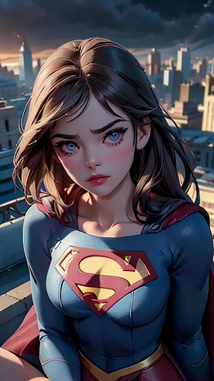 a supergirl sitting on a rooftop building, lost in deep thought, looking at the city, beautiful detailed eyes, beautiful detailed lips, extremely detailed face, long eyelashes, beautiful detailed costume, dynamic pose, cinematic lighting, epic cityscape, moody atmosphere, dramatic shadows, vibrant colors, photorealistic, 8k, best quality, hyper detailed, masterpiece