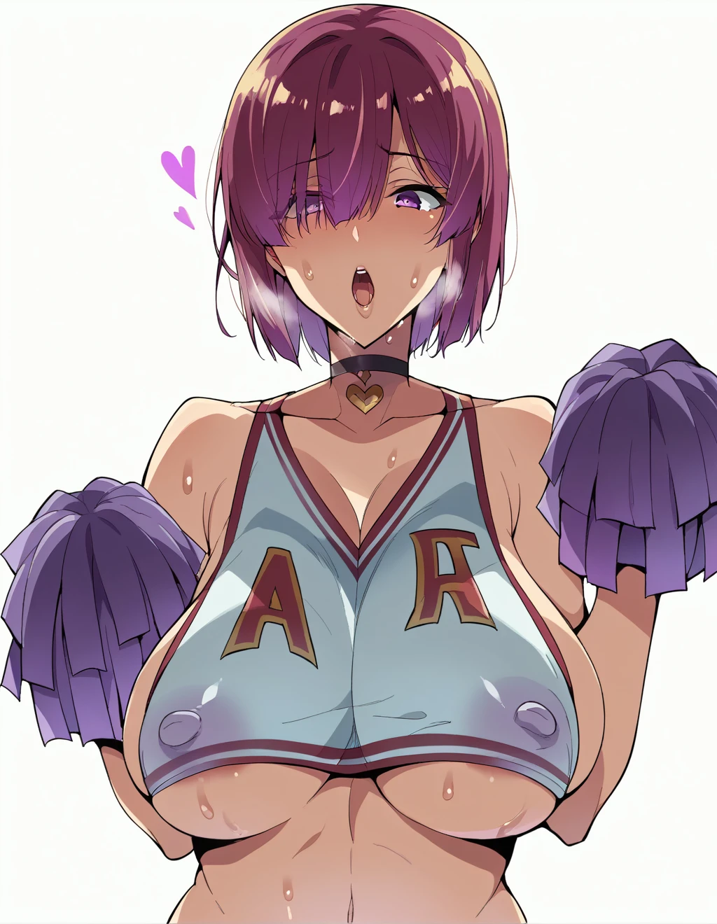 Alluring expression、Cheerleader、Ultra-detailed illustrations、Ultra-precise expression、masterpiece、Highest quality、ultra High resolution、High resolution、Hiromitsu Takeda Style、White background、Simple Background、One girl、solo、Mash Kyrielight、light purple hair、short hair、hair over one eyes、Purple eyes、Open your mouth、Large Breasts、Big Breasts、Erect nipples、Choker of Hearts、White Breath、Sweat、Glowing Skin、shiny skin、Front angle、View your viewers、stand、