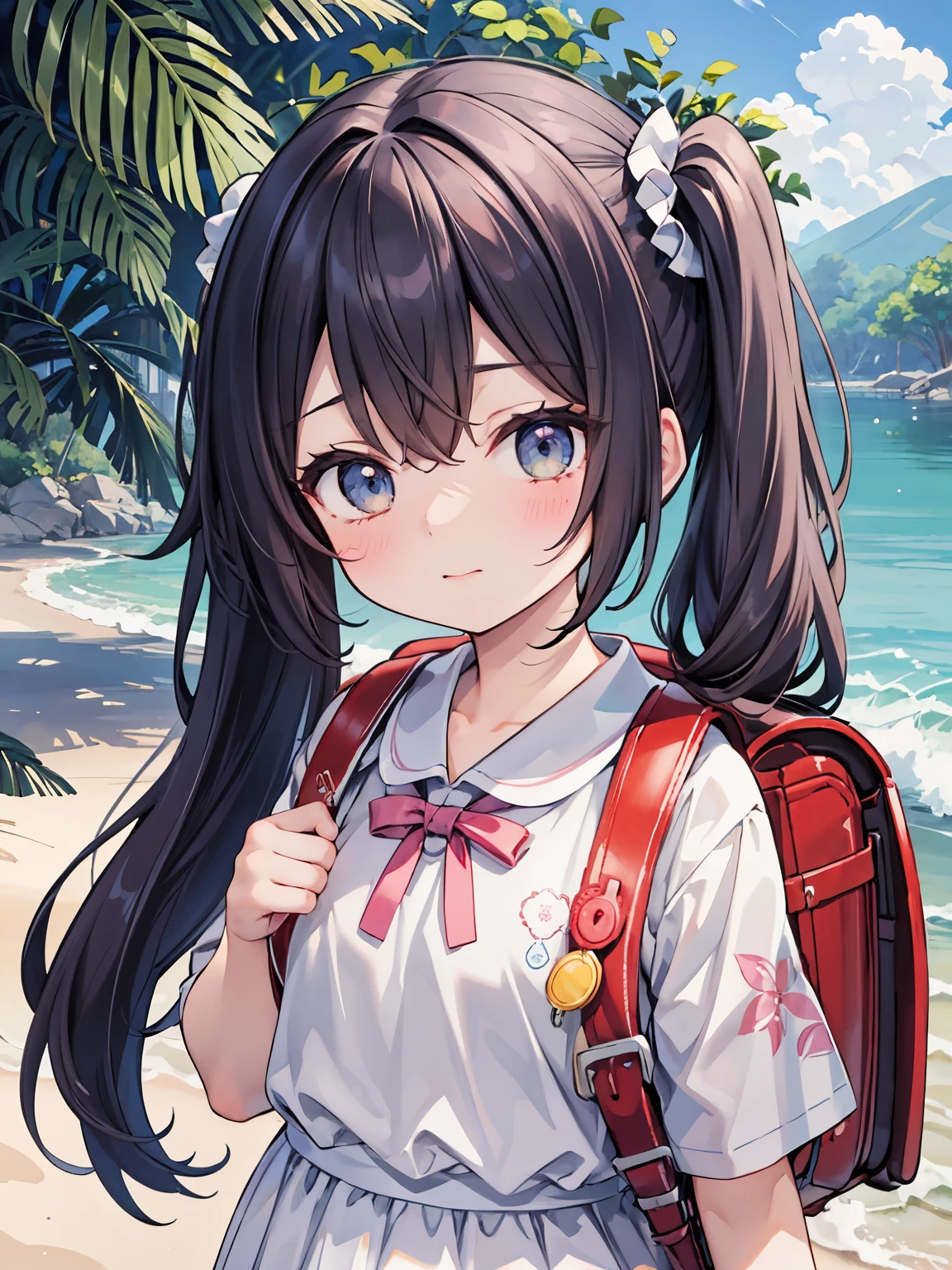 Masterpiece, hd, 1girls , (couple focus:1.2), classmates, Adorable, , 14years, Upper body, japanaese girl, cheek-to-cheek, Ruffled Summer Dresses, Twin-tailed, Beach, (Smile:0.7), hair scrunchie, Low contrast, Best Quality, 超A high resolution, photographrealistic, ultra-detailliert, 8K, Raw photo,downbrouse, wearing randoseru backpack, (backpack:1.2)