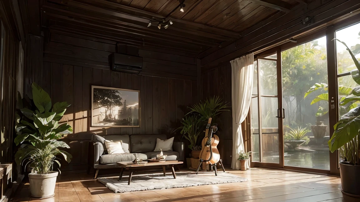 (Acoustic guitar:1.5), houseplants, black-and-white photos written on the wall, a close up of a wooden studio with a couch and a lamp, relaxing environment, jungle setting, magical environment, relaxing concept art, unreal engine ; romantic theme, beautiful and aesthetic, unreal engine 5 lighting, in a jungle environment, beautiful and cinematic lighting, hyper-realistic environment, unreal engine 5 environment, unreal engine 5 highly rendered, soothing and cozy landscape