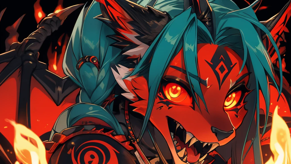 Miku Hatsune, add high definition_detail:1, blue fur,kitsune ears, tribal tattoo add_detail:1, in hell add_detail, diabolic girl, batwigns add_detail Ferocious fangs, sharp fangs, Demon yokai kitsune