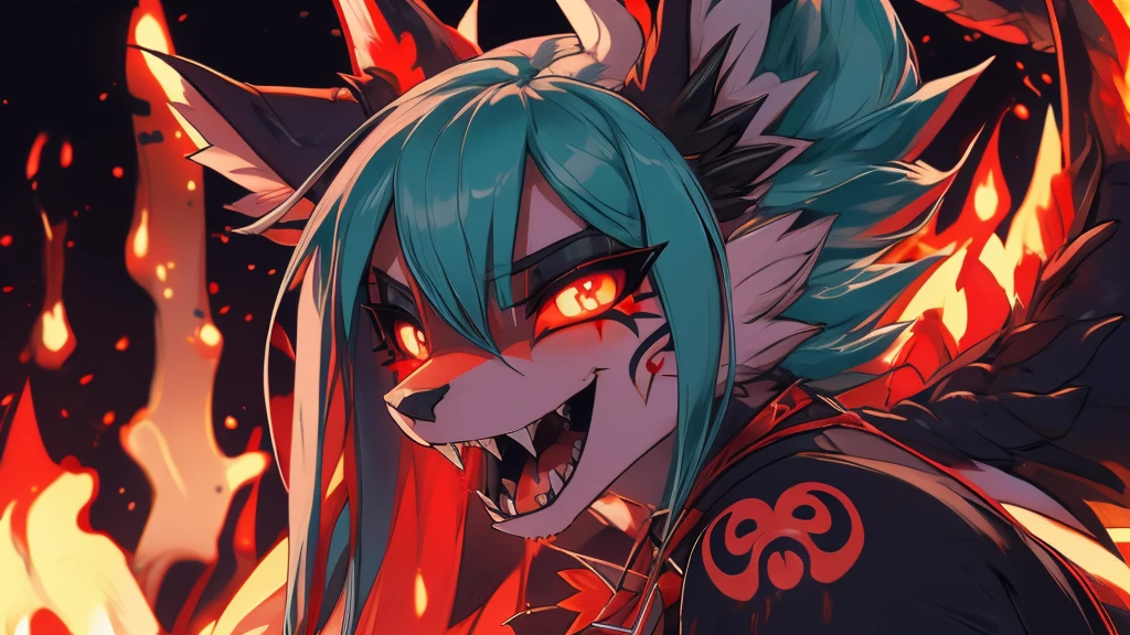 Miku Hatsune, add high definition_detail:1, blue fur,kitsune ears, tribal tattoo add_detail:1, in hell add_detail, diabolic girl, batwigns add_detail Ferocious fangs, sharp fangs, Demon yokai kitsune