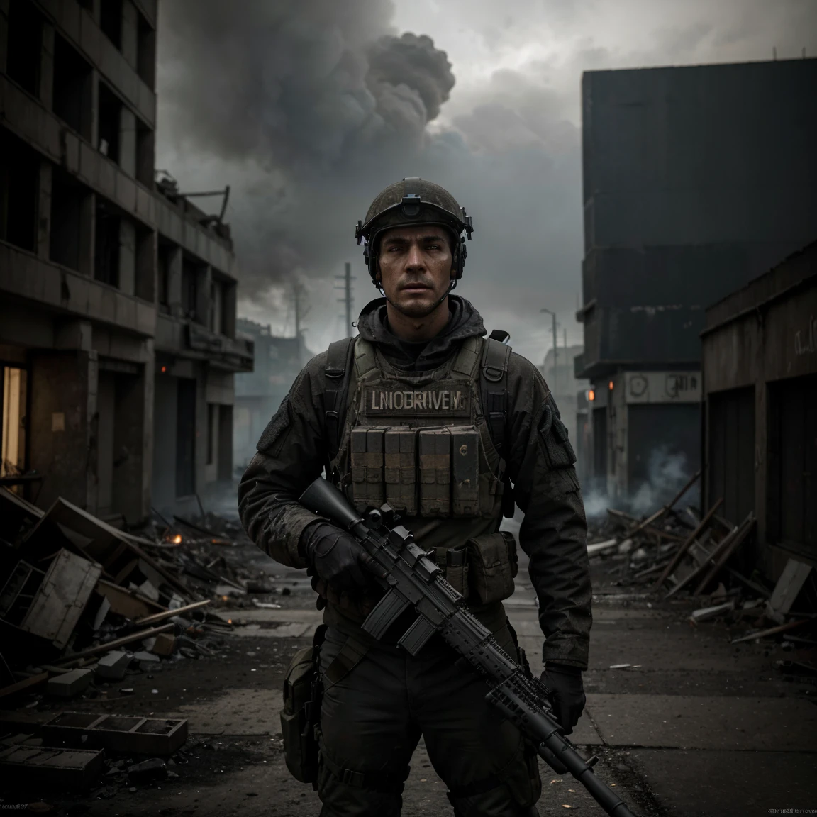 apocalyptic, soldier with crazy stare, stressful sight, shocked sight, smoke, cloudy gray sky, 4:00 p.m. day time, extremely detailed, masterpiece, the better quality, 8K UHD, upper body, close up, tactical gear, (perfectly well made and detailed M240 Machine Gun), holding weapon, highly detailed devastated big city background, afternoon a little bit dark atmosphere, volumetric illumination, a lot of books in the ground, visible devastated cathedral with a cross,