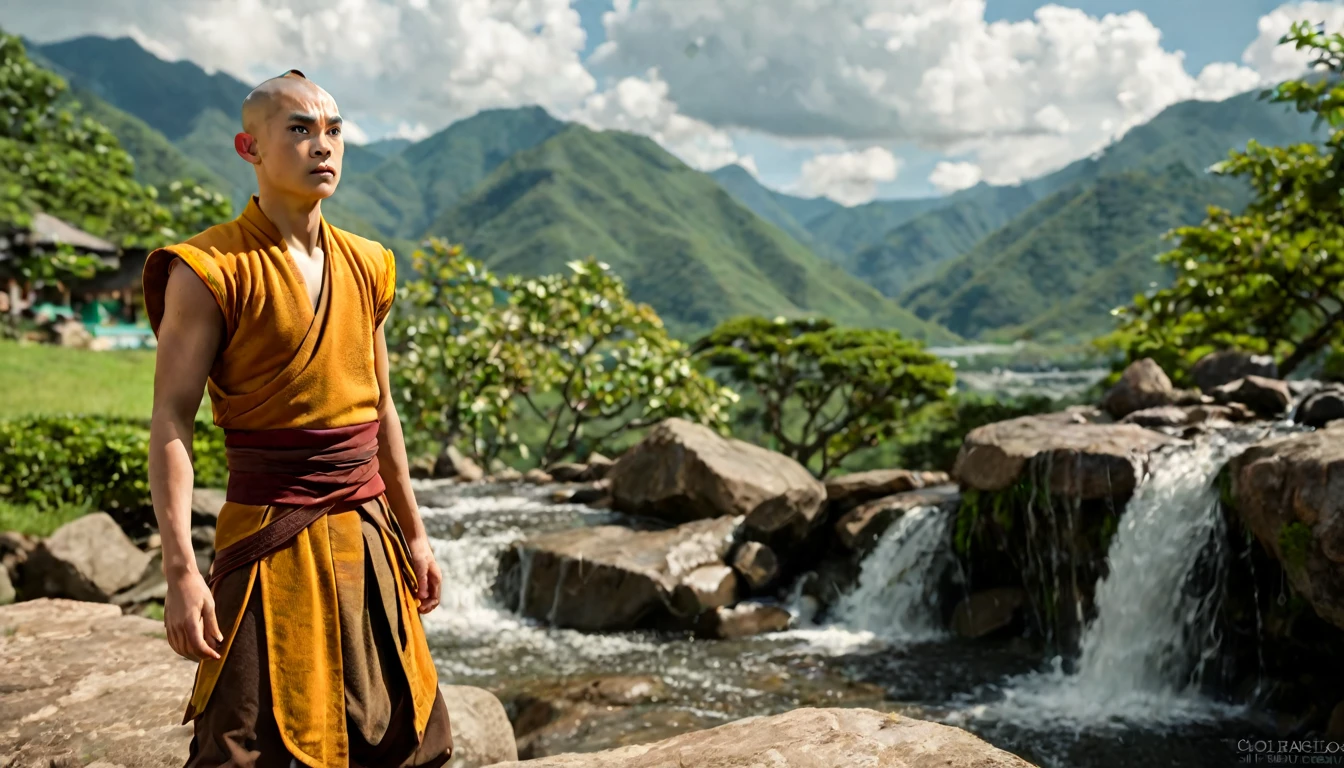 The Last Airbender, (Aang), looking towards the horizon, from background, light green mountains and waterfalls, very detailed image, sharp focus, studio photography, xf iq 4, 1 5 0 0 0 0 0 0 0 0 mp, 5 0 mm, iso 2 0 0 0 0, 1/ 1 6 0 0 0 s, realistic, natural light, octane rendering, adobe lightroom, photo realistic, thirds resolution, symmetric balance, depth layers, polarizing filter, . ..., hd, color optics, ..., hd, opaque color, masterpiece, ..., masterpiece, ..., hd, opaque color, masterpiece