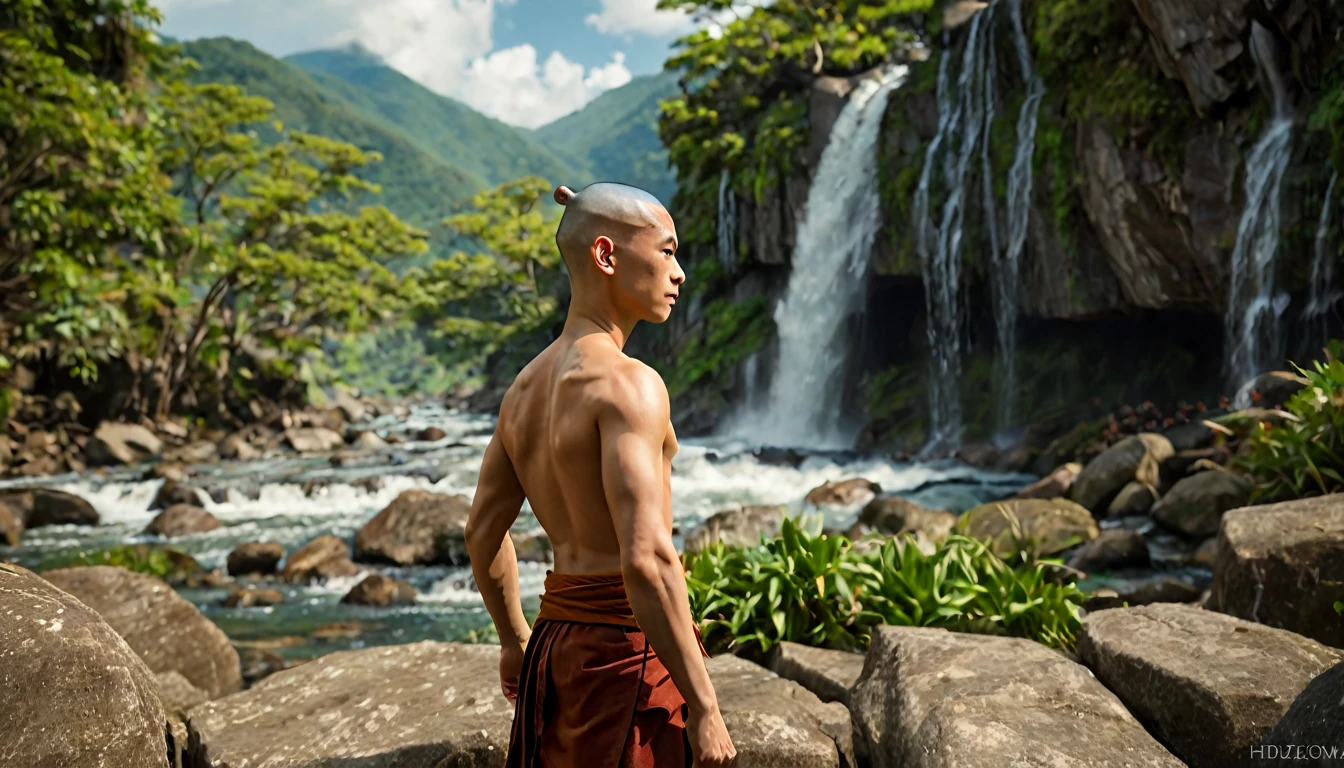 The Last Airbender, (Aang), looking towards the horizon, from background, light green mountains and waterfalls, very detailed image, sharp focus, studio photography, xf iq 4, 1 5 0 0 0 0 0 0 0 0 mp, 5 0 mm, iso 2 0 0 0 0, 1/ 1 6 0 0 0 s, realistic, natural light, octane rendering, adobe lightroom, photo realistic, thirds resolution, symmetric balance, depth layers, polarizing filter, . ..., hd, color optics, ..., hd, opaque color, masterpiece, ..., masterpiece, ..., hd, opaque color, masterpiece