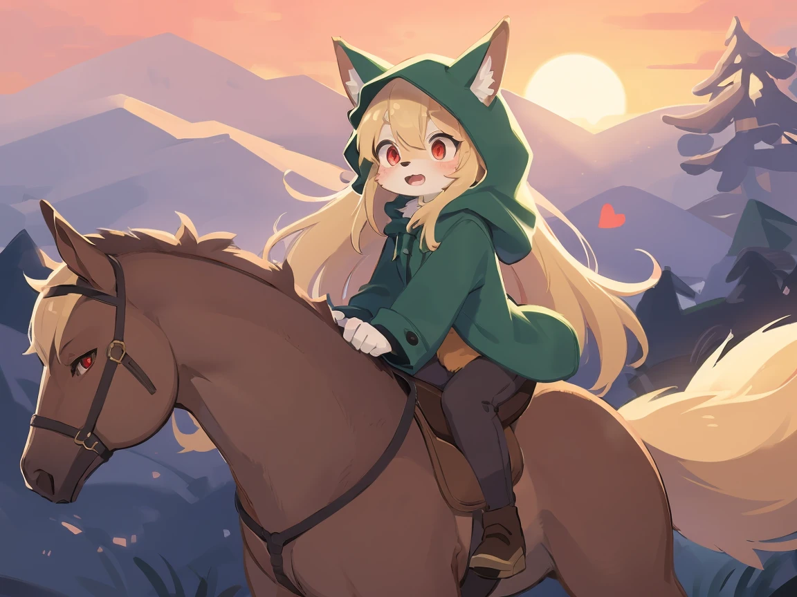 the fox, , was hairy, shaggy, skin fur, smooth lashes, golden fur, forelimb hands, straight long blonde hair, solid circle eyes, golden ears, golden fur, golden facial fur, shiny hair, red eyes, heart-shaped eyes, super cute face, 1fox tail, fluffy tail, furry tail, glowing eyes, green coat green hood down, brown trousers, riding young horse, open mouth, pain face, embarrassed, ambient light, ultra-fine fur, dashed eyes, full body, masterpiece, high quality, high-details, best quality, (((solo))), twilight, sun light, red sky, rim light