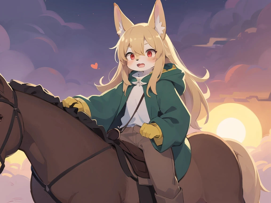 the fox, , was hairy, shaggy, skin fur, smooth lashes, golden fur, forelimb hands, straight long blonde hair, solid circle eyes, golden ears, golden fur, golden facial fur, shiny hair, red eyes, heart-shaped eyes, super cute face, 1fox tail, fluffy tail, furry tail, glowing eyes, green coat green hood down, brown trousers, riding young horse, open mouth, pain face, embarrassed, ambient light, ultra-fine fur, dashed eyes, full body, masterpiece, high quality, high-details, best quality, (((solo))), twilight, sun light, red sky, rim light