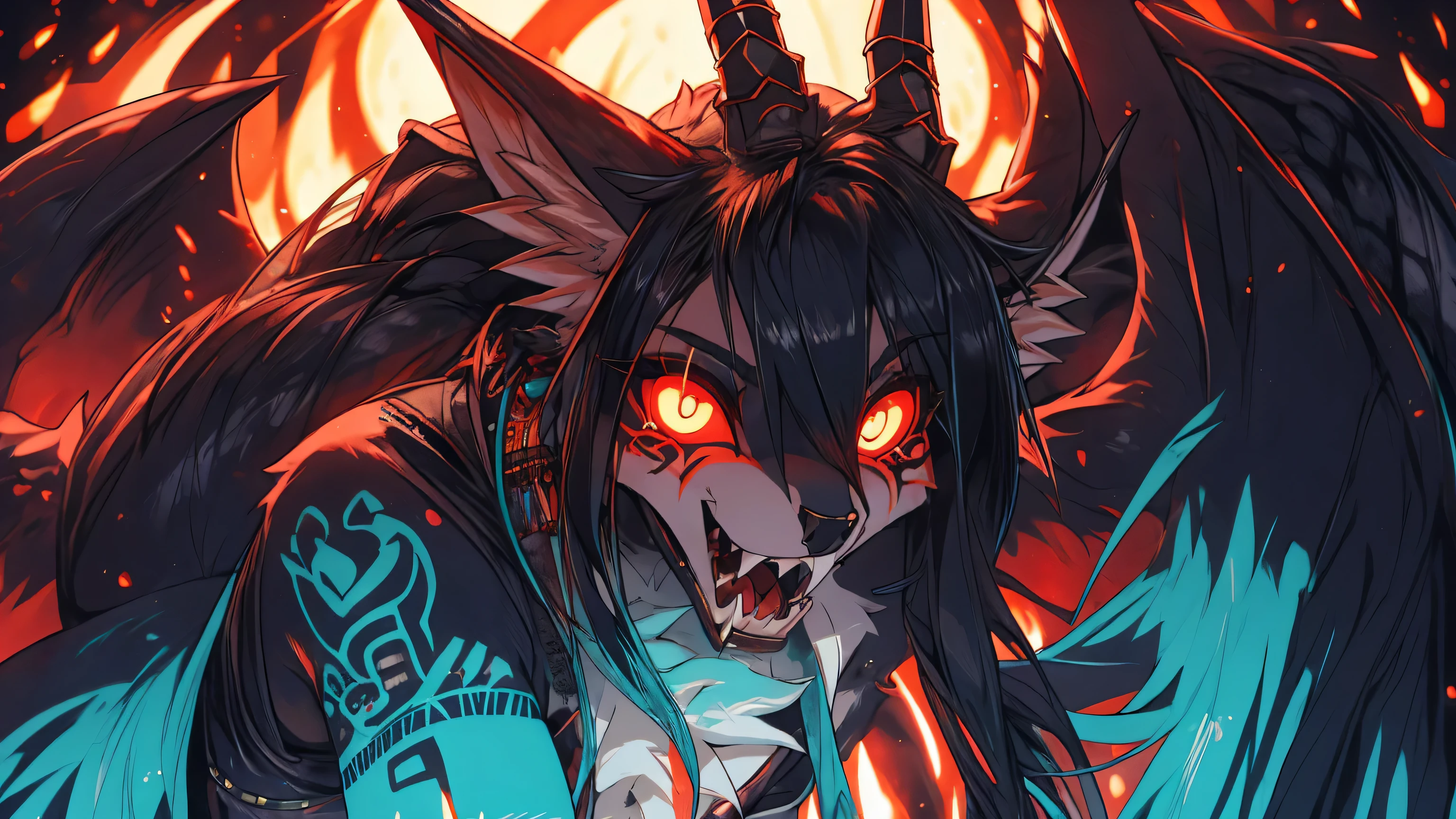 Miku Hatsune, add high definition_detail:1, blue fur,kitsune ears, tribal tattoo add_detail:1, in hell add_detail, diabolic girl, batwigns add_detail Ferocious fangs, sharp fangs,