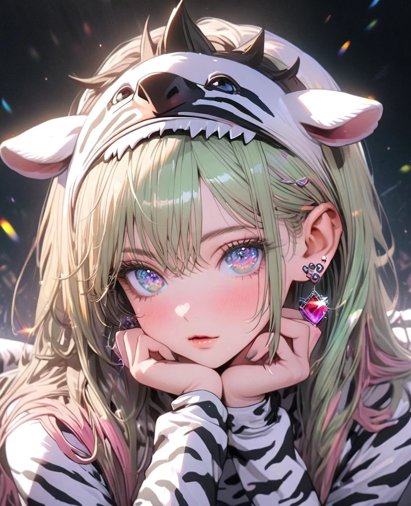 8K,gal,an extremely delicate and beautiful,Beautiful and realistic skin,Shiny jewel-like earrings,Long colorful hair,beautiful eyes,whole body,head to toe,beautiful regs,zebra costume