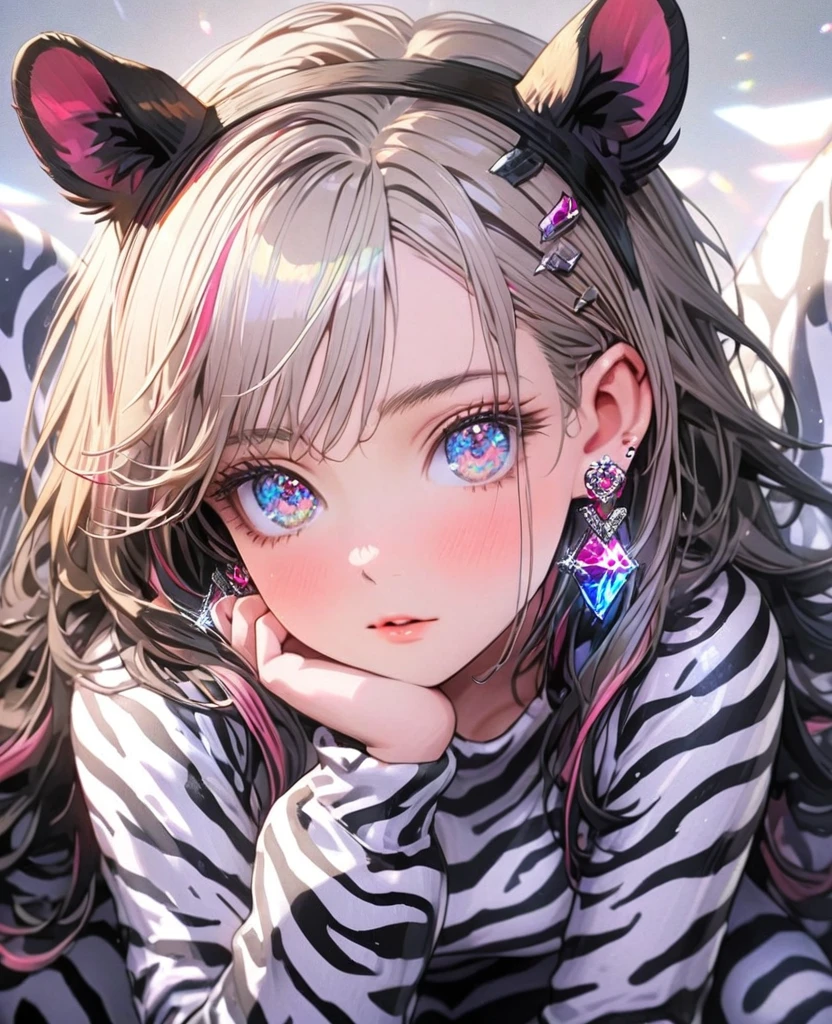 8K,gal,an extremely delicate and beautiful,Beautiful and realistic skin,Shiny jewel-like earrings,Long colorful hair,beautiful eyes,whole body,head to toe,beautiful regs,zebra costume