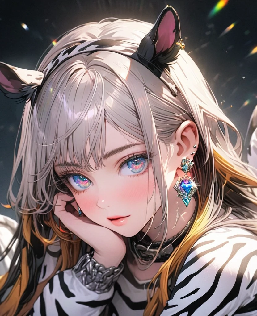 8K,gal,an extremely delicate and beautiful,Beautiful and realistic skin,Shiny jewel-like earrings,Long colorful hair,beautiful eyes,whole body,head to toe,beautiful regs,zebra costume