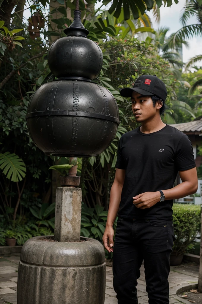 A young Indonesian man aged 35 years dressed in black, black hat and short jeans is standing looking at the future with a weight of 50 kg in the background of paradise garden,5D