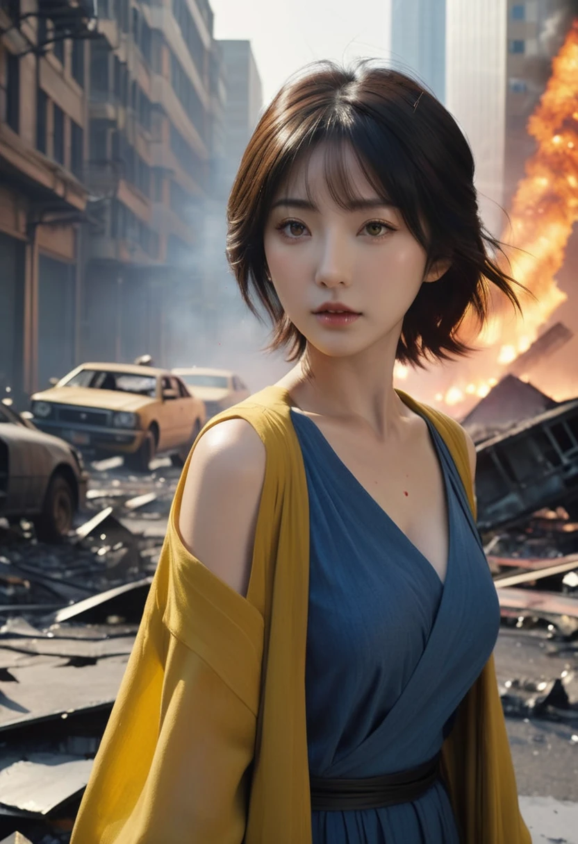 ((1 GIRL)) ((Hyper realistic 10k,asian girl)), ((Japanese)) (( physically mature female)) (( average sized breasts)), 25-year-old, ((super realistic anime girl)), ((short dark-haired)), ((windswept hair)) ((ultra high quality))((flawless))((4k UHD)) ((Best Quality)) ((Daytime)) ((eyes glowing yellow )), wearing a ((black long sleeve shoulderless, blank T-shirt))((no logo)) wearing ((blue jeans)) and black and yellow sneakers with (((blood splattered))) on it and her face, standing in the street ((facing front and center toward the camera, looking into camera)) in a ((ruined city)) filled with ((heavily damaged)) and worn (( tall skyscrapers with gaping holes in their structures while on fire)) and ((crushed vehicles on fire)) and small and ((raging fires all around)) and an ((intimidating)) look on her face, with a giant monster kaiju-beast in the distance looking furocious.
