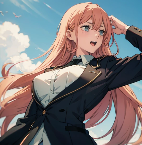 1womanl, long hair, pink hair, blue colored eyes (detailed),white blouse with a black tie, open mouth smile (dentes pontudos),(big boobies),black backdrop