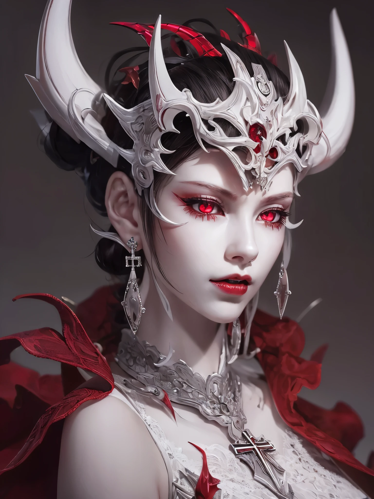((Highest quality)),(Ultra-high resolution),(Ultra-detailed new),(Detailed Description),((The best CG)),(masterpiece),Highly detailed art,A wonderful new art form,(Art with precise details:1.5), (Female Devil:1.4),Beautiful and well-proportioned face:1.6,(Large, sharp corners:1.3),(dress;1.7),disaster々Thorns:1.8,(Sharp crimson eyes:1.6),(White porcelain skin:1.6),(Earrings:1.3),