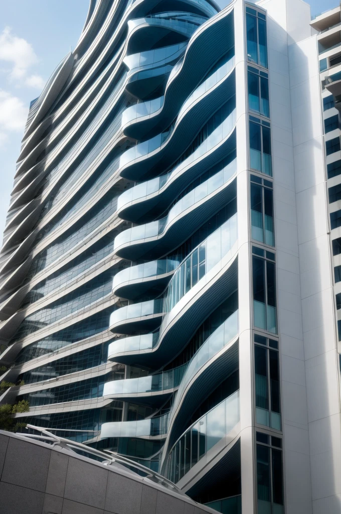 Realistic Photo, office building, night render, provide a highly detailed visual description of the exterior facade, focusing on the flowing, curved wave shapes and how they create a dynamic, sculptural look, Describe the overall massing, scale, and grandeur of the building's design, Discuss how the undulating facade interacts with light and shadow to create a sense of movement, Note any distinctive architectural features like the entrance, canopies, etc. that reinforce the wave design motif, Describe the interior spaces and how they relate to the exterior sculptural form, Use vivid descriptive language to convey a sense of awe and appreciation for the innovative, creative design, Analyze how the building defies conventional design norms yet achieves functionality, Contextualize it as an iconic addition to the cityscape and a new landmark, Discuss the broader significance of the design as pushing boundaries in modern architecture