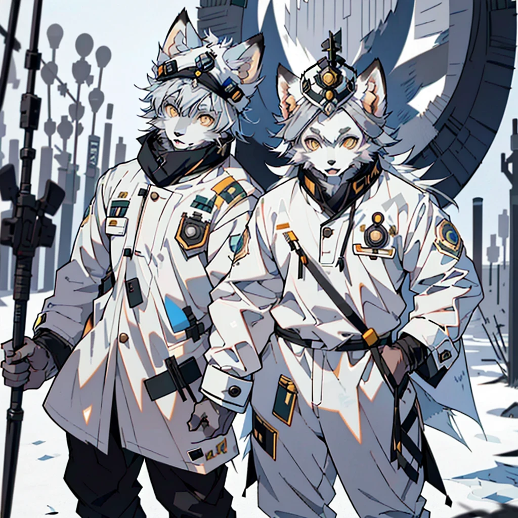 (best quality), (masterpiece), ((solitary)), (Extremely detailed), (hairy), (hairy), (Male Arctic fox: 1.5), (Gray skin: 1.3), (hairy尾巴: 1.2), (Golden Eyes), (The paws of an arctic fox), (grey ears), , Clear focus, (hairy Animal Ears), ((Police hat)), police outfit, police outfit, Standing in front of the bureau, Detailed background