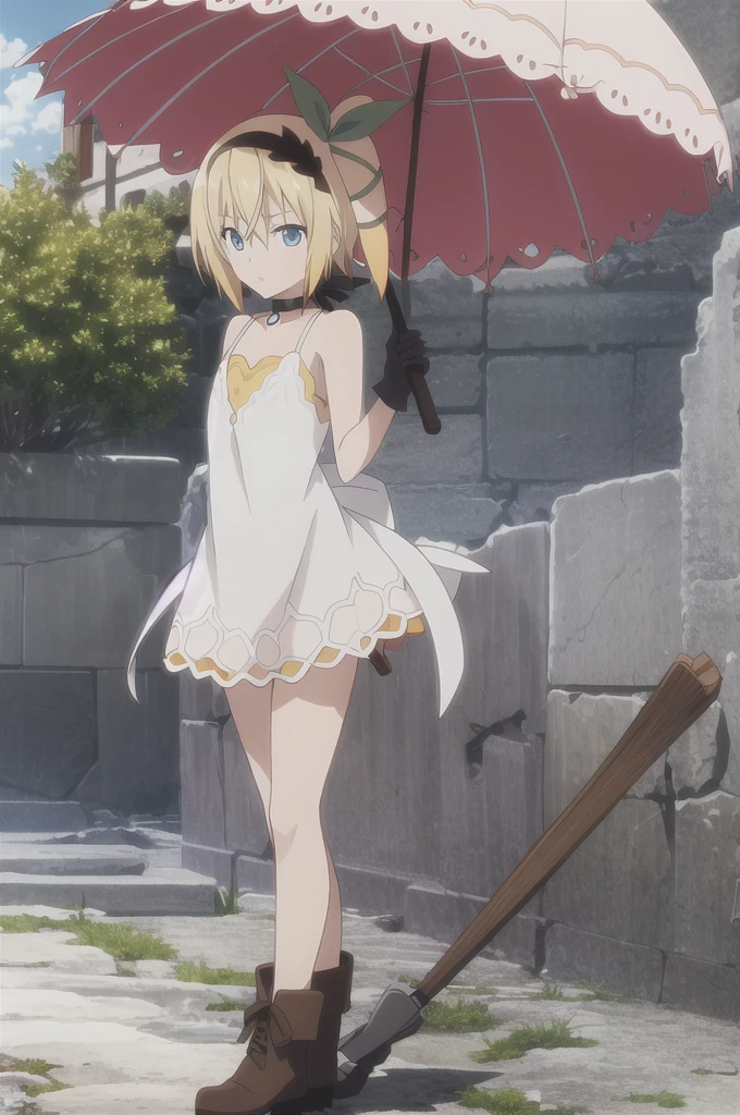((masterpiece)),((Highest quality)),Very detailed,Raise your consciousness,Explicit,beautiful body,beautiful Nose,beautiful character design,Perfect Eyes,Perfect Face,wallpaper,Ultra-high resolution,4K,photograph,(beautiful,Small breasts:1.2),(beautiful顔:1.2),beautiful足,Perfect Legs,Shiny skin,Official Style,Browsing Caution,Official Art,Create a screen capture,Anime Coloring,
One Girl,alone,umbrella,blonde,short hair,choker,Side Ponytail,ribbon,blue eyes,black choker,gloves,leg ribbon,片手gloves,hair band,whole body,hair ribbon,dress,View your viewers,tress ribbon,boots,Are standing,white dress,skirt,clavicle,Beach,Outdoor,Day,