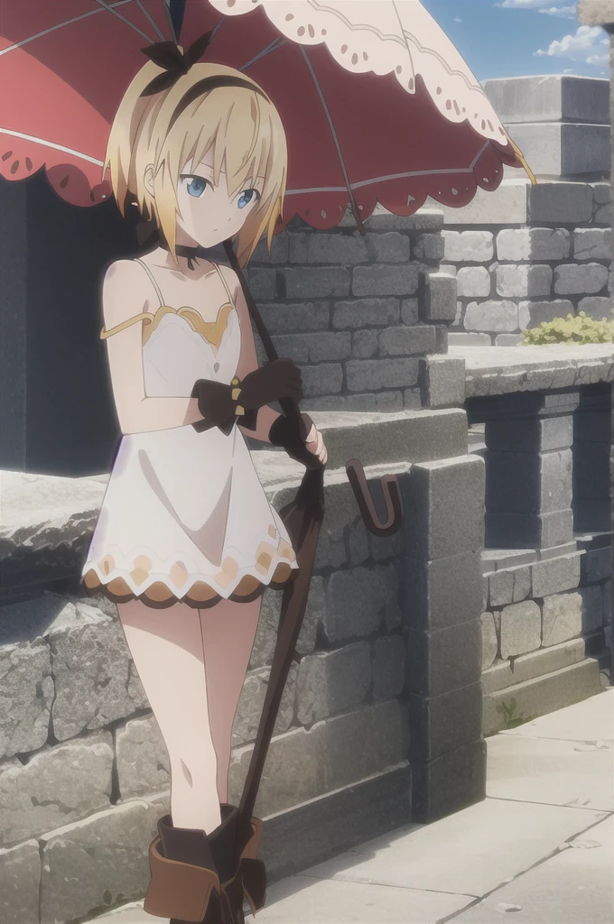 ((masterpiece)),((Highest quality)),Very detailed,Raise your consciousness,Explicit,beautiful body,beautiful Nose,beautiful character design,Perfect Eyes,Perfect Face,wallpaper,Ultra-high resolution,4K,photograph,(beautiful,Small breasts:1.2),(beautiful顔:1.2),beautiful足,Perfect Legs,Shiny skin,Official Style,Browsing Caution,Official Art,Create a screen capture,Anime Coloring,
One Girl,alone,umbrella,blonde,short hair,choker,Side Ponytail,ribbon,blue eyes,black choker,gloves,leg ribbon,片手gloves,hair band,whole body,hair ribbon,dress,View your viewers,tress ribbon,boots,Are standing,white dress,skirt,clavicle,Beach,Outdoor,Day,