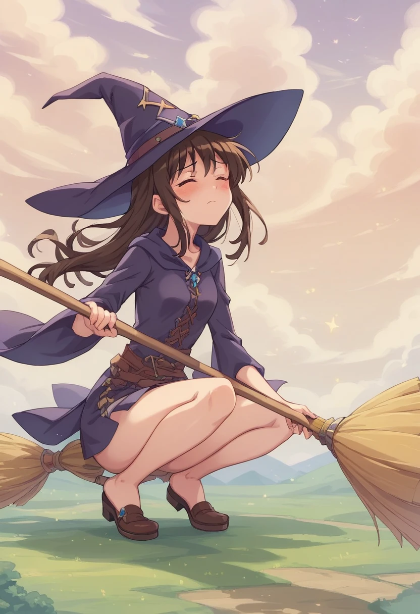 ((((空を飛ぶwitch))),((Ride a broom)),(Straddling a broom),Fantasy,Beautiful light and shadow,Anatomically correct,masterpiece,Highest quality,最高masterpiece,8K,Use of magic,witch:witchの帽子:witchの衣装:Familiar,Wind,Fantasy,wonderful,An illustration,Digital Art,wonderful,wonderful,カラーAn illustration,Rich colors,(Blushing),(Eyes closed),(Mouth closed),(Holding the broom tightly with both hands),(slightly squatting),(Both feet are on the ground),(Both feet are wearing shoes),（ The broom handle is connected by a single piece）,(The tips of the broom face backwards)