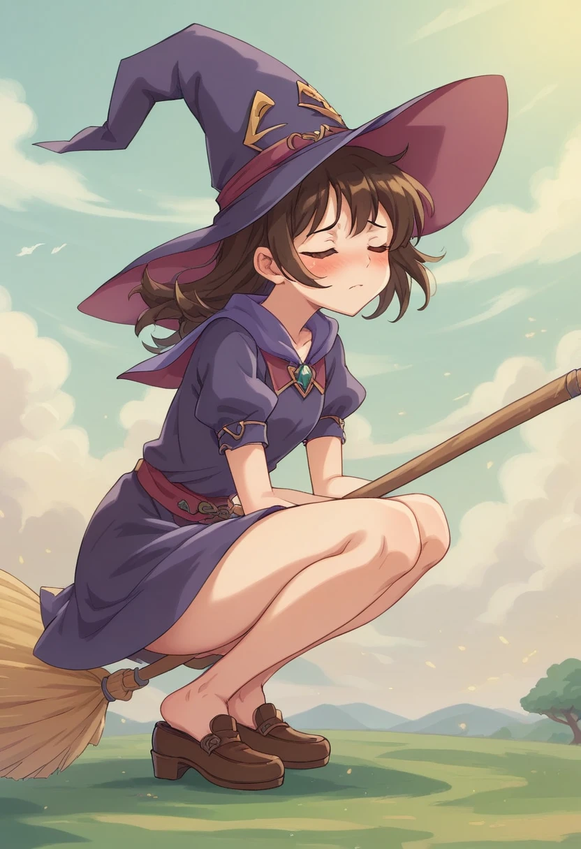 ((((空を飛ぶwitch))),((Ride a broom)),(Straddling a broom),Fantasy,Beautiful light and shadow,Anatomically correct,masterpiece,Highest quality,最高masterpiece,8K,Use of magic,witch:witchの帽子:witchの衣装:Familiar,Wind,Fantasy,wonderful,An illustration,Digital Art,wonderful,wonderful,カラーAn illustration,Rich colors,Blushing,Eyes closed,Mouth closed,Holding the end of the broom tightly with both hands,slightly squatting,Both feet are on the ground,Both feet are wearing shoes,（ One broom handle、The broom handle is connected）,The tips of the broom face backwards