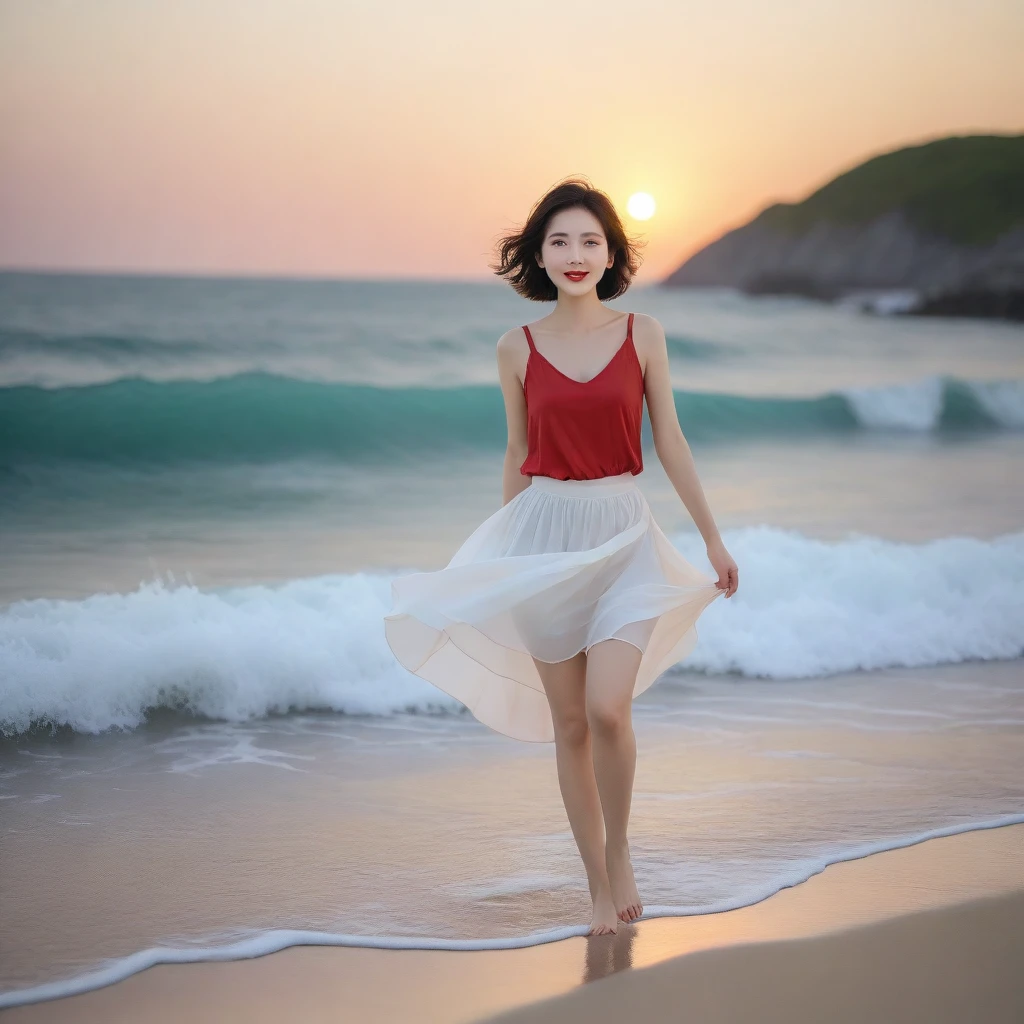 sunset red sun on the beach,A strong afterglow is reflected in the sea., Beautiful 36 year old short Korean woman, Chest size 34 inches, Wear sleeveless, light skirt. beautiful pretty woman look , wearing a light skirt , Go far into the sea water and dip your toes., Short medium hair blowing in the wind, 1 woman, beautiful eyes, a little smile, Full body photo from a distance with a wide angle lens, The background is clear and perfect, waves are coming, The sea and waves are clear and distinct