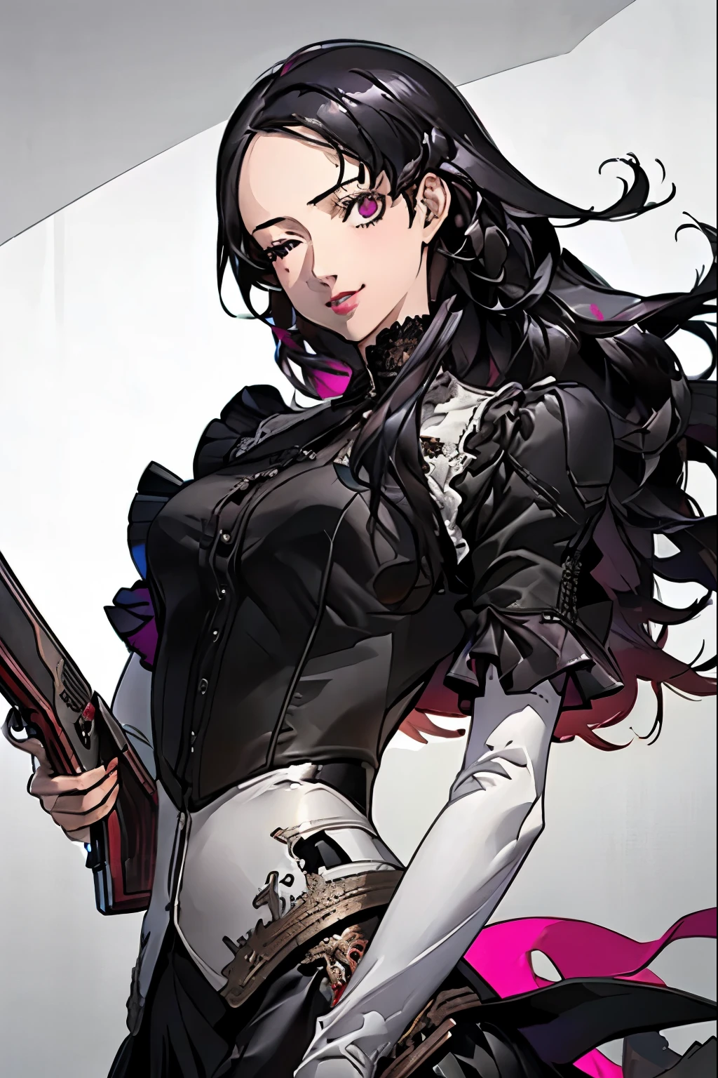 (((Had a lot of guns)))、(Absurd, High resolution, Super detailed), masterpiece, ((alone)), One girl,Ample breasts, Black Dress, Mouth closed, (((Long Hair))),Are standing, Bodice and skirt patterns, Frilled Skirt, race, ((Glossy Red Lips)), Purple eyes,beautiful, smile, (((Black Hair))), Bust Crop, Normal skin