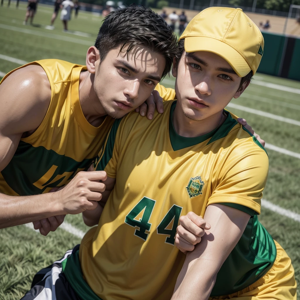 Men’s Flag football uniform, with primary color yellow and green details, must contain a drawing of a corn as a logo and team’s name Timilpan, please consider a no sleeve shirt