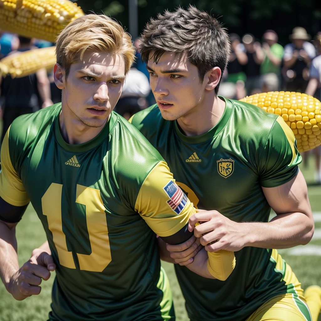 Men’s Flag football uniform, with primary color yellow and green details, must contain a drawing of a corn as a logo and team’s name Timilpan, please consider a no sleeve shirt