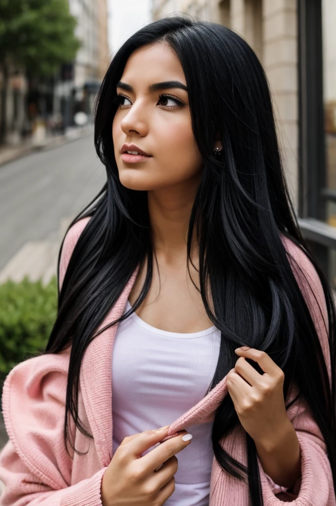 A girl with long black hair and nose piercings vomiting pink