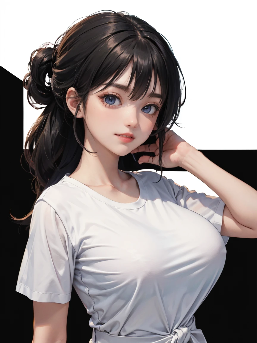 detailed eyes ,huge breasts , tied hairstyle , portrait , white t-shirt , black background , black hair , smile , black eyes